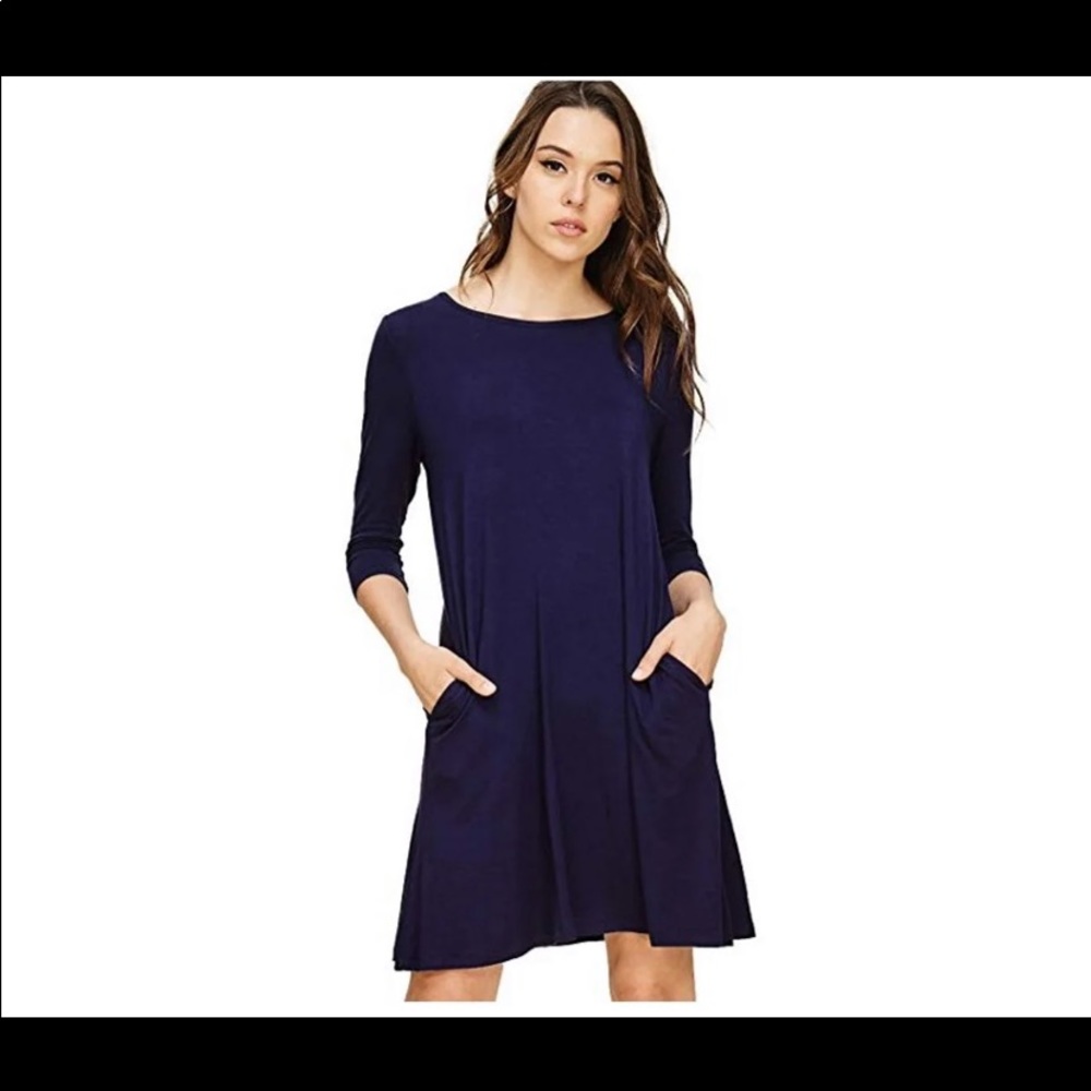 New Navy Blue Quarter Sleeve Pocket Dress
